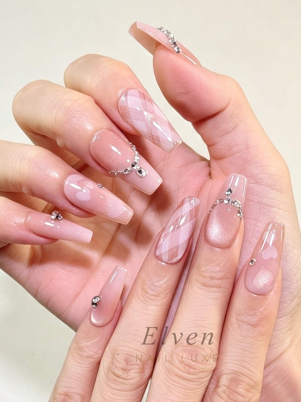 Sweet Girly Nude Pink Cat Eye Long Coffin Press On Nails With Rhinestone & Heart